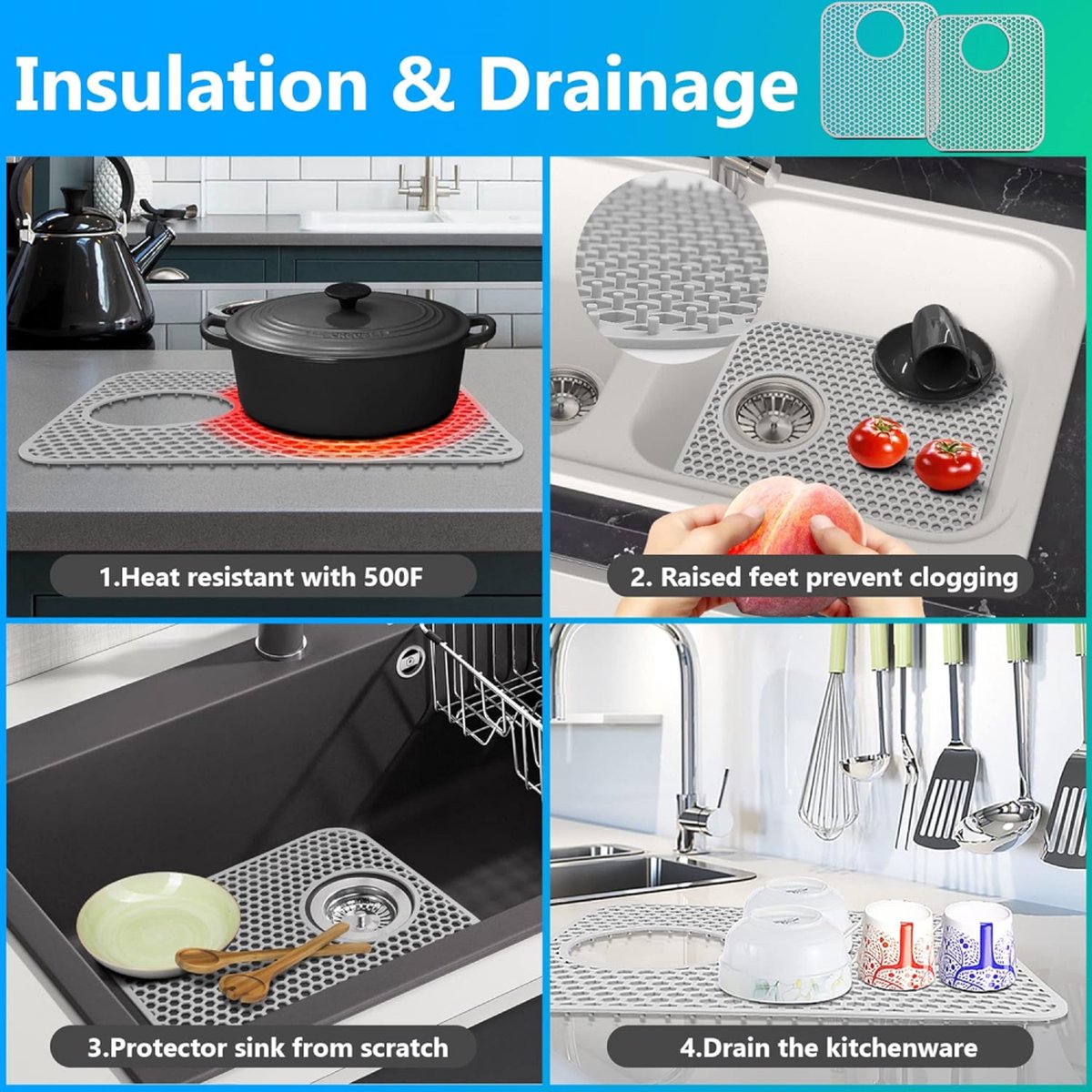 Sink Mat - Grey - 30 X 35 Cm - Kitchen Accessories - Sink Protector - Sink Mat - Washbasin Mat - Draining Mat - Countertop Mat - Silicone Coasters - Silicone - Anti-Scratch - Sink Accessories - For Sink, Cutlery And Glassware