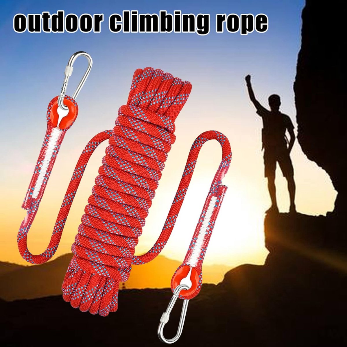 Climbing rope 10 meters - 1000 kg tensile strength - including 2 carabiners - red
