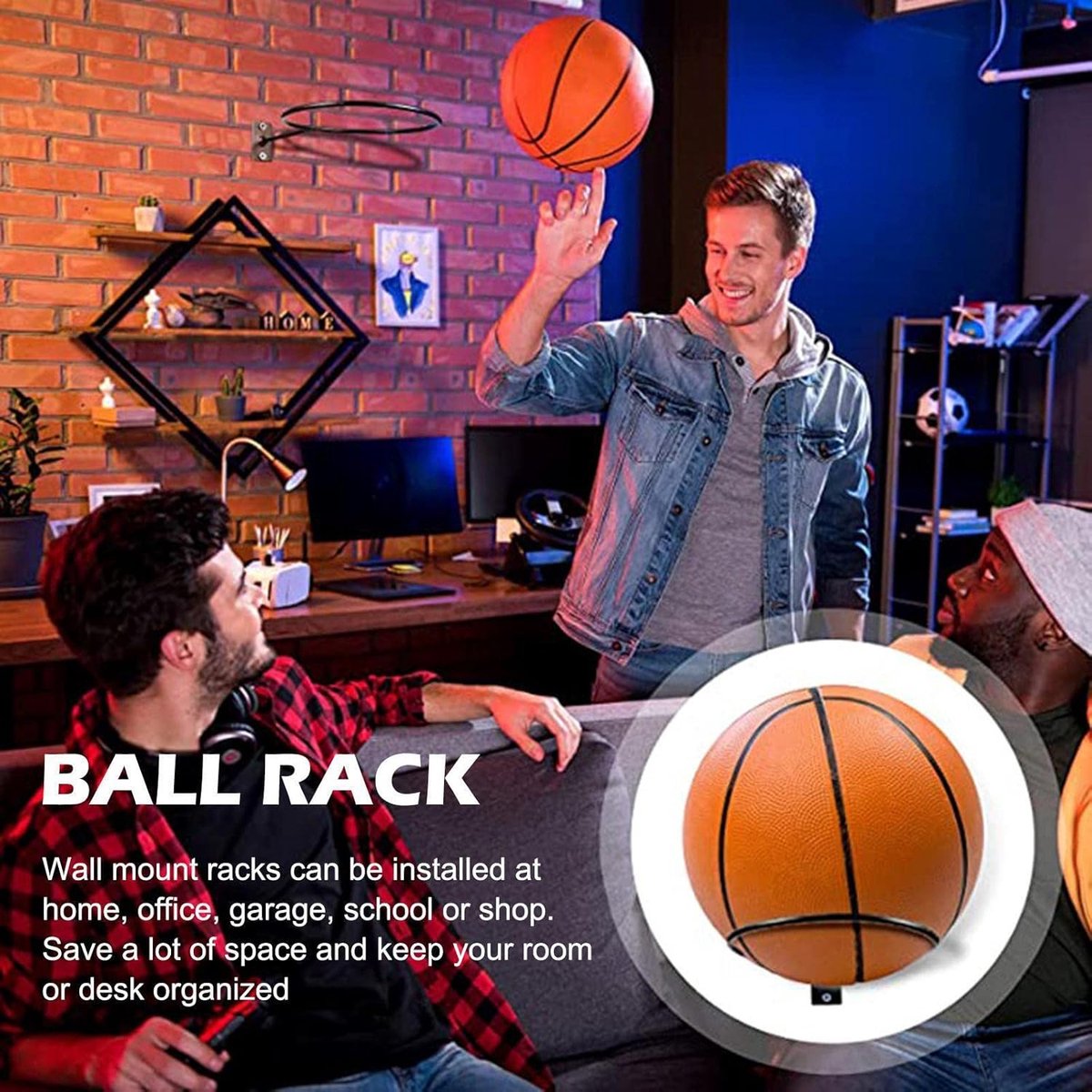 Ball Holder - 2 Pieces - Ball Storage - Ball Rack - Metal Ball Stand - Wall Ball Holder - Wall Mounted - Gift for Boys & Men - For Basketball, Football, Volleyball, Rugby - Universal - Black