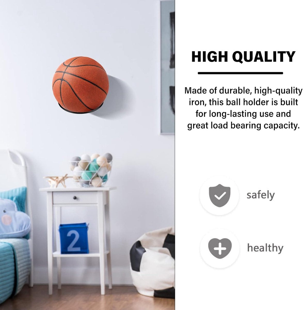 Ball Holder - 2 Pieces - Ball Storage - Ball Rack - Metal Ball Stand - Wall Ball Holder - Wall Mounted - Gift for Boys & Men - For Basketball, Football, Volleyball, Rugby - Universal - Black