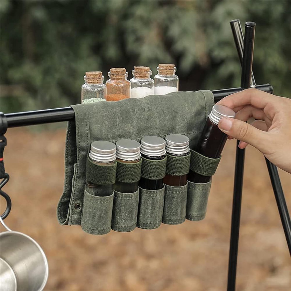 Camping Spice Kit - Portable Spice Bag with 9 Mini Spice Jars - Camping Set Travel Accessories - For Travel, Outdoors, Camping, Barbecue, Picnic - Portable Camping Spice Set