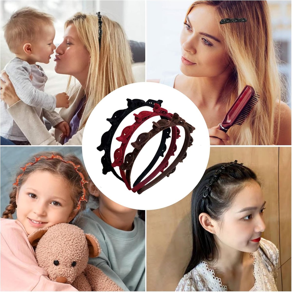 3-Piece Hairband with Clip - Tiara - Double-Layered Twist Braid Headband/Hairband/Tiara with Clips - Tiara with Hairpin - Hair Accessories - Elegant Headband for Women and Girls - Black / Brown / Red - Braided Hair Clip - Durable