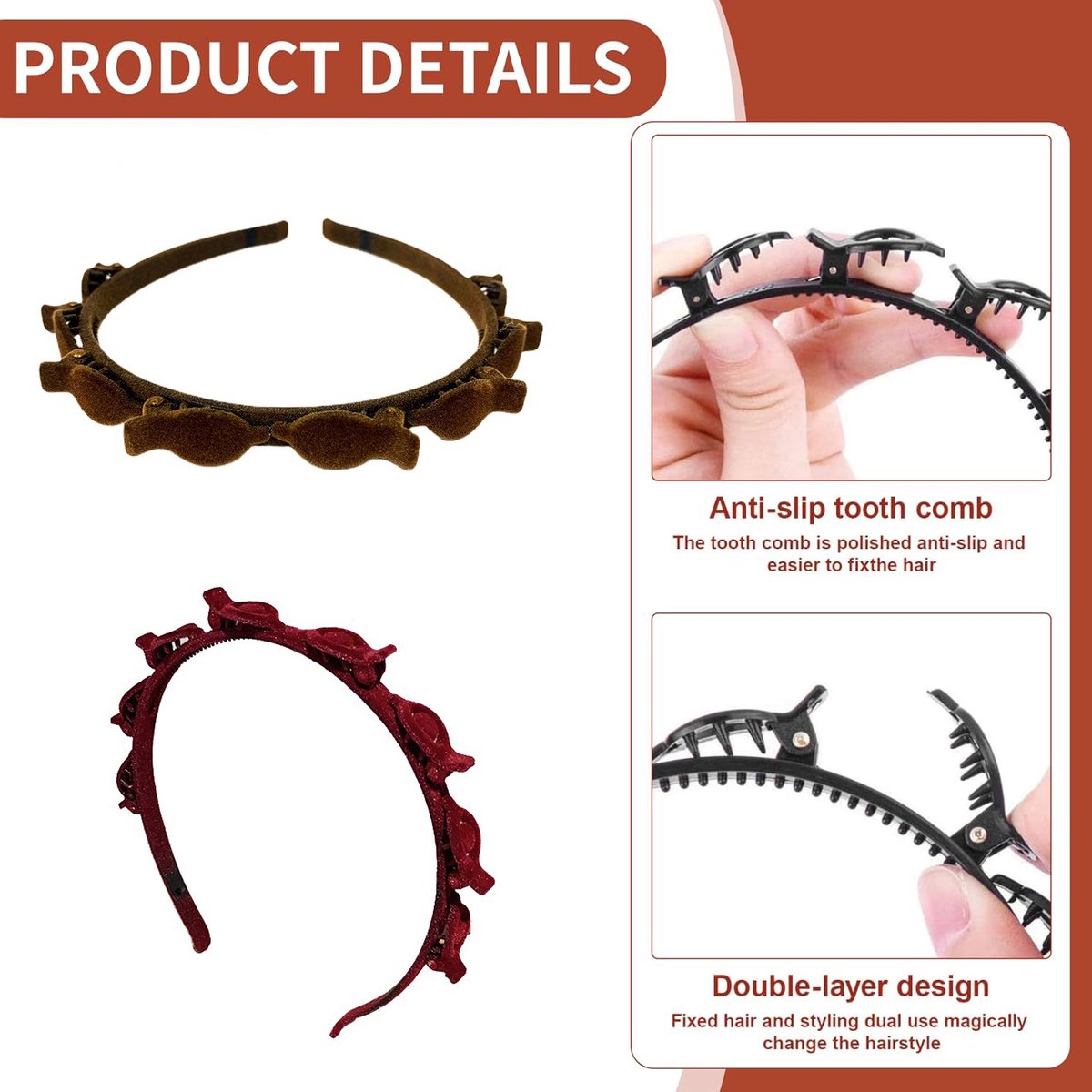 3-Piece Hairband with Clip - Tiara - Double-Layered Twist Braid Headband/Hairband/Tiara with Clips - Tiara with Hairpin - Hair Accessories - Elegant Headband for Women and Girls - Black / Brown / Red - Braided Hair Clip - Durable