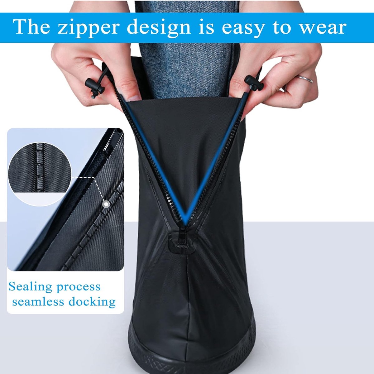 Waterproof Shoe Covers - Rain Shoe Covers - With Zipper, Drawstring and Snap - Waterproof Shoe Protectors - Motorcycle Scooter Bicycle Shoe Cover - Shoe Rain Cover - Shoe Cover - Shoe Covers - Anti-Slip - Size S 36-37 - Black - Reusable