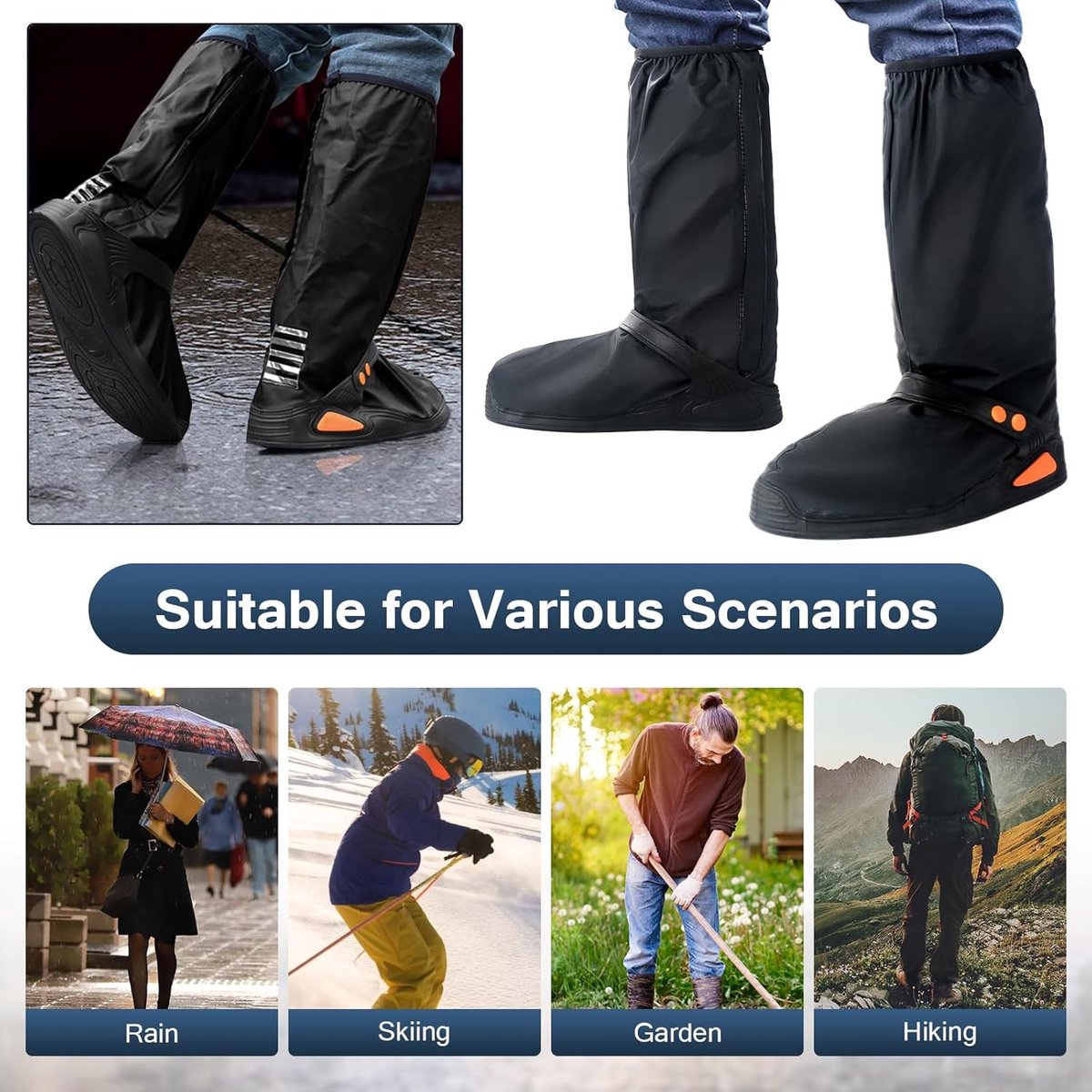 Waterproof Shoe Covers - Rain Shoe Covers - With Zipper, Snap - Waterproof Shoe Protectors - Motorcycle Scooter Bicycle Shoe Cover - Shoe Rain Cover - Shoe Cover - Shoe Covers - Anti-Slip - Size L 40-42 - Black - Reflective - Foldable