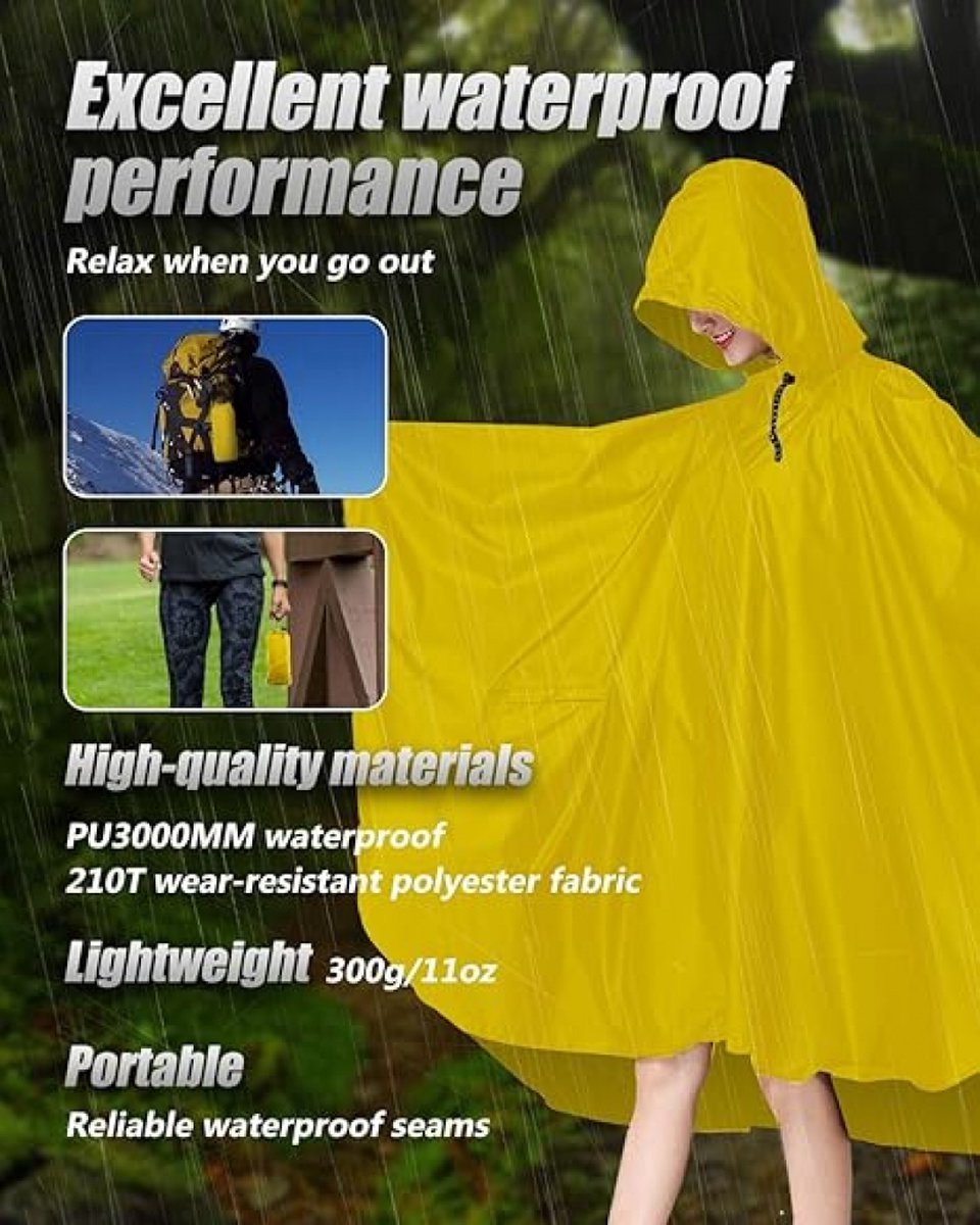 Poncho - Raincoat - Waterproof - Quick-drying - Breathable - Portable - Tear-resistant - Foldable - Lightweight - Reusable - Women's & Men's Cycling Rain Poncho - Bicycle Poncho - Yellow - With Pocket - Hood and Snap - Multifunctional 3 in 1 Poncho