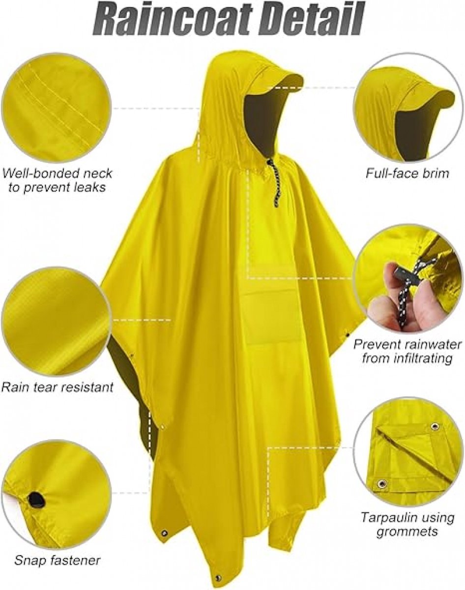 Poncho - Raincoat - Waterproof - Quick-drying - Breathable - Portable - Tear-resistant - Foldable - Lightweight - Reusable - Women's & Men's Cycling Rain Poncho - Bicycle Poncho - Yellow - With Pocket - Hood and Snap - Multifunctional 3 in 1 Poncho