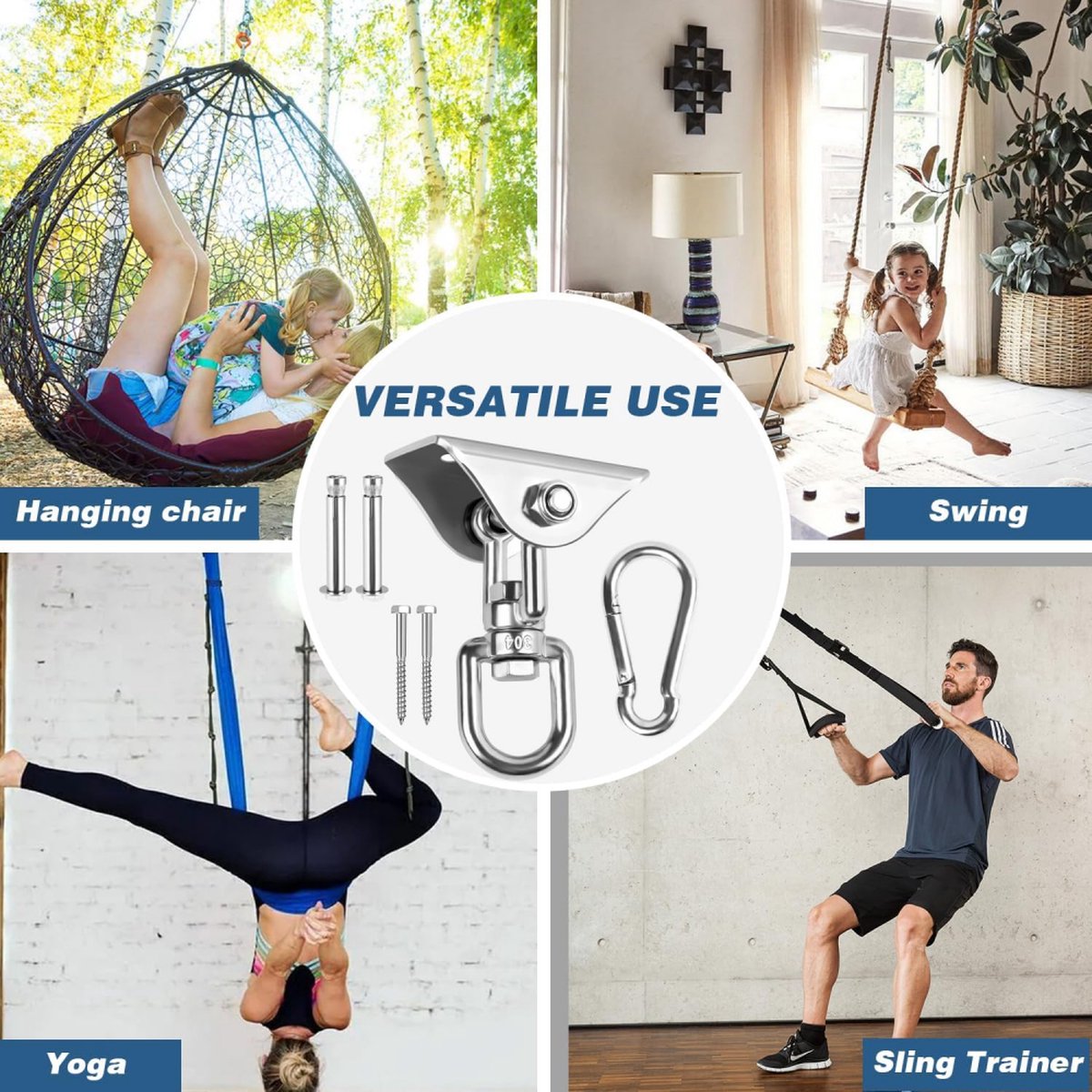 Professional Ceiling Hook with 500kg Load Capacity - 360° Rotatable - With Carabiner - Punching Bag Suspension System - Suspension Hook - Ceiling Bracket - Swing Hook - Hanging Punching Bag, Swing, Rocking Chair, and Hanging Chair