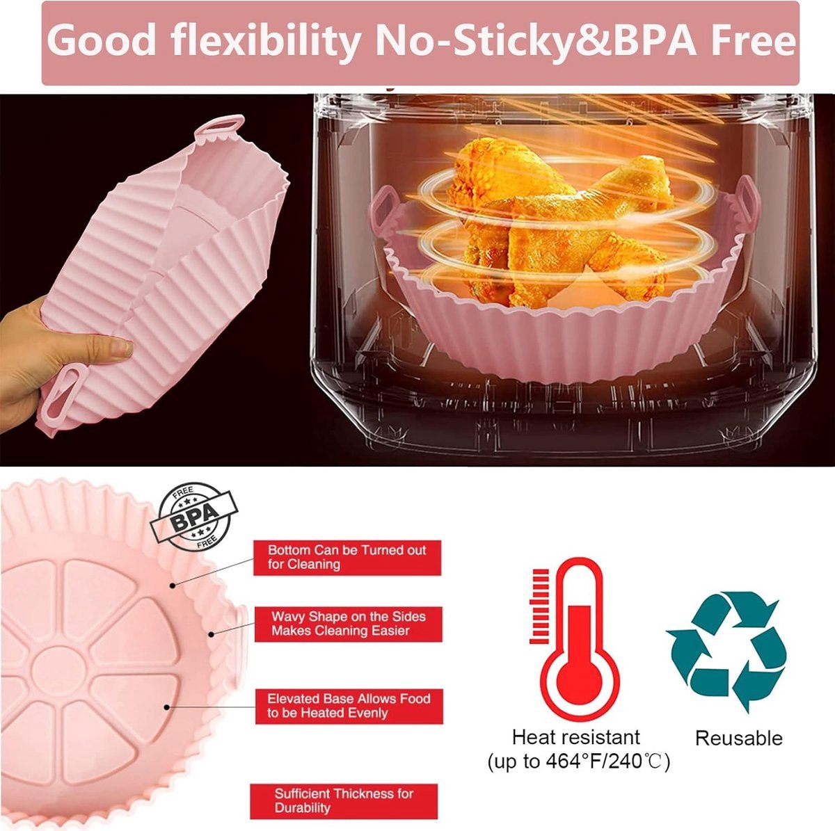 2 Airfryer Silicone Trays - Airfryer Accessories - BPA Free - 20cm - Airfryer Basket - Reusable - Baking Paper Alternative - Airfryer Liner - Round - Airfryer Silicone Baking Paper - Baking Mold - Sustainable - Non-Stick - Dishwasher Safe - Grey/Pink