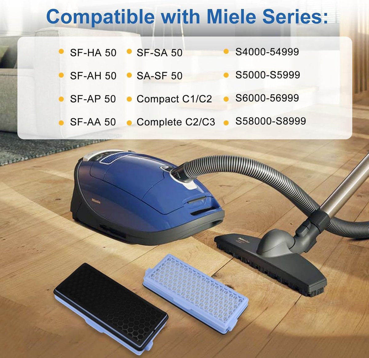 Active HEPA Filter Set 2 Pieces Suitable For Miele Classic Compact C1, Complete C2 & C3 - Replaceable - Vacuum Cleaner Parts - Vacuum Cleaner Filter - Impurity Filter - Blue