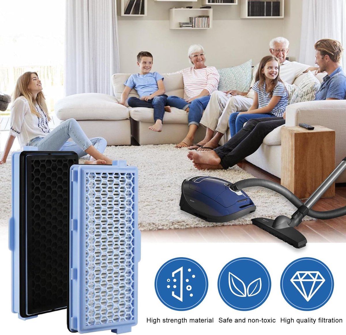 Active HEPA Filter Set 2 Pieces Suitable For Miele Classic Compact C1, Complete C2 & C3 - Replaceable - Vacuum Cleaner Parts - Vacuum Cleaner Filter - Impurity Filter - Blue