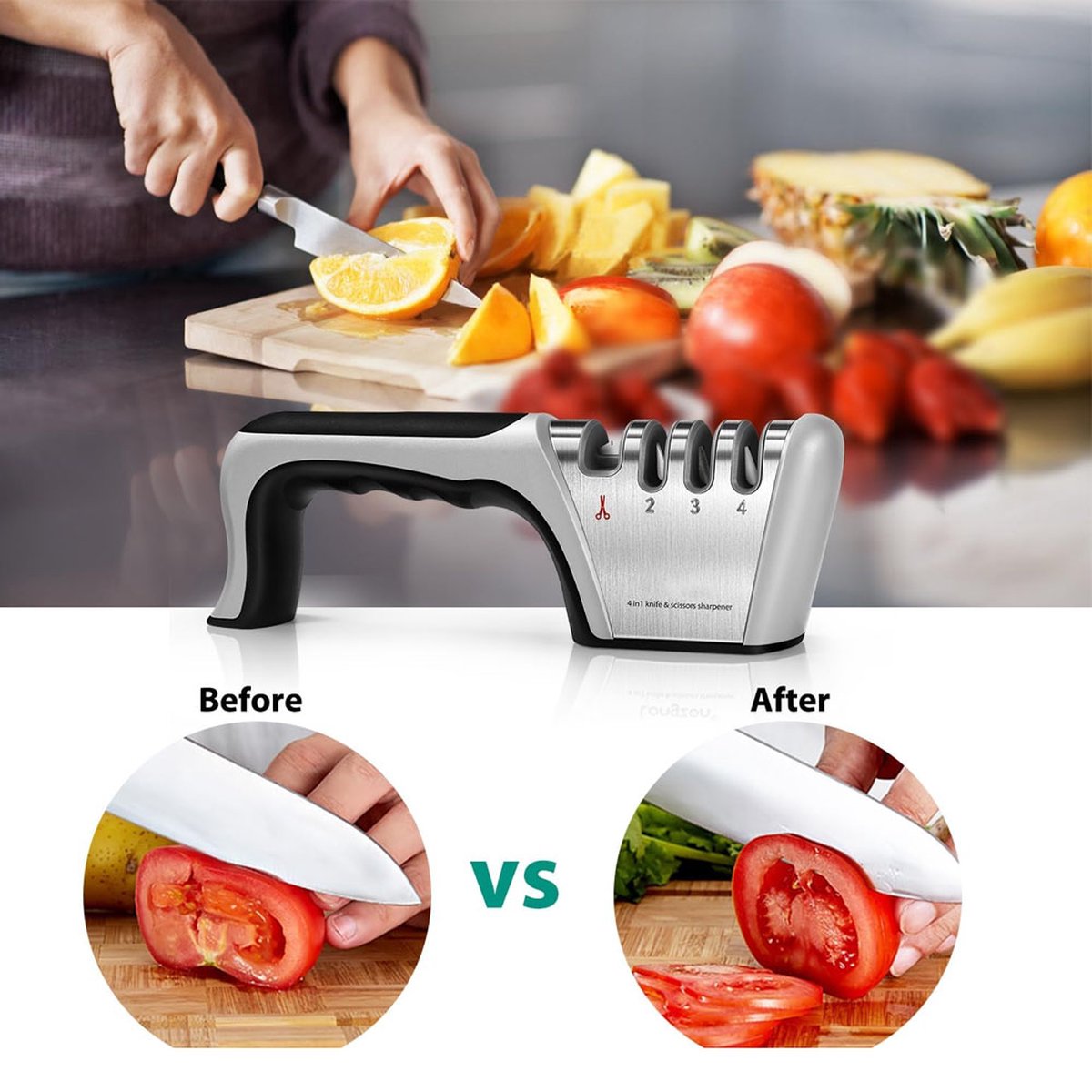 4-in-1 Knife Sharpener - Stainless Steel - Anti-Slip Knife Sharpener - Pull-through Sharpener - 4 Settings - With Anti-Slip Base - Sharpening Steel for Knives - Scissor Sharpener - Sharpening - For Polishing Knives, Scissors, and Other Knives