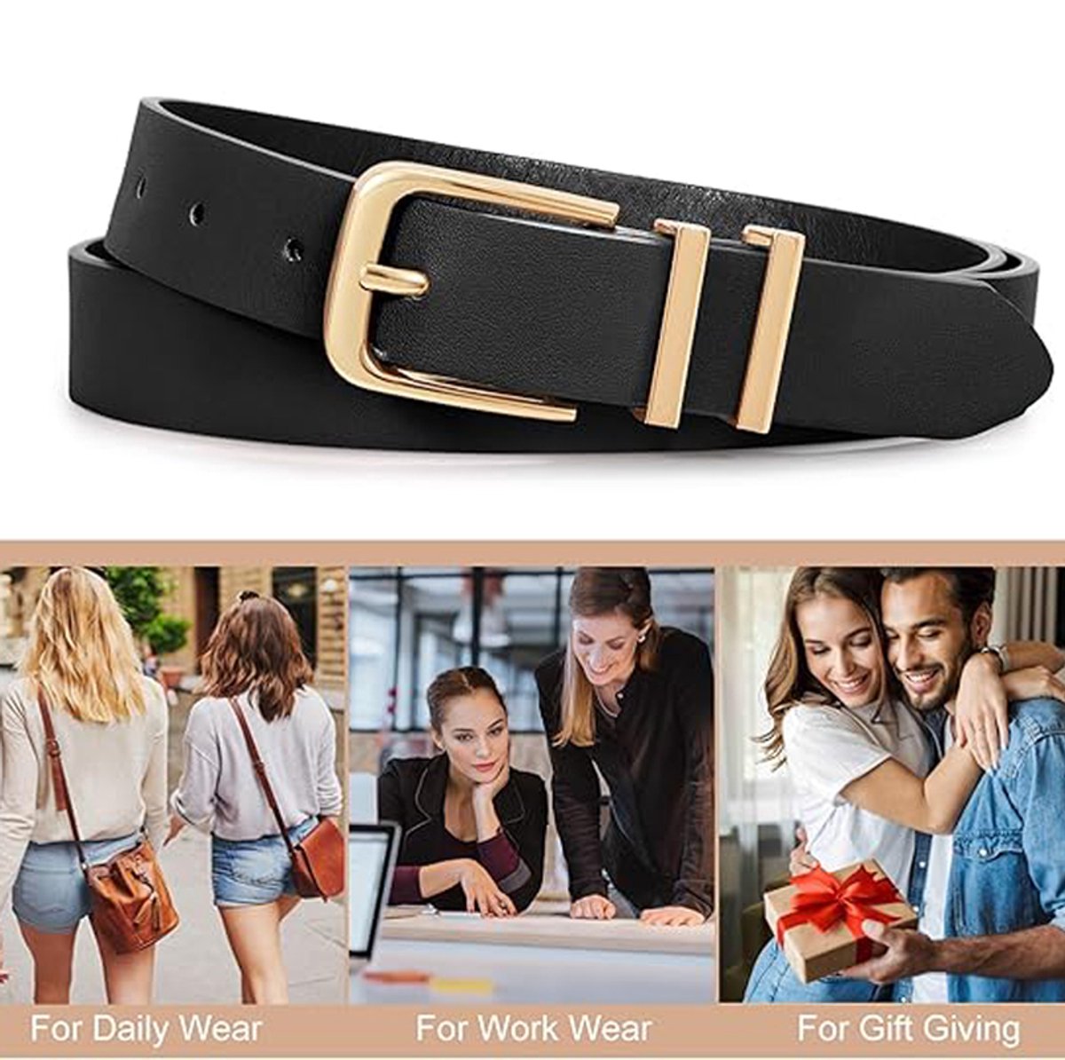 3-Piece Belt - Women's Belt - Stylish Retro - Trouser Belt - Women - Adjustable Unisex Belt - 110cm - Leather - Women's Belts for Jeans Dresses Trousers Women's Leather Waist Belt with Gold Buckle - 110 CM