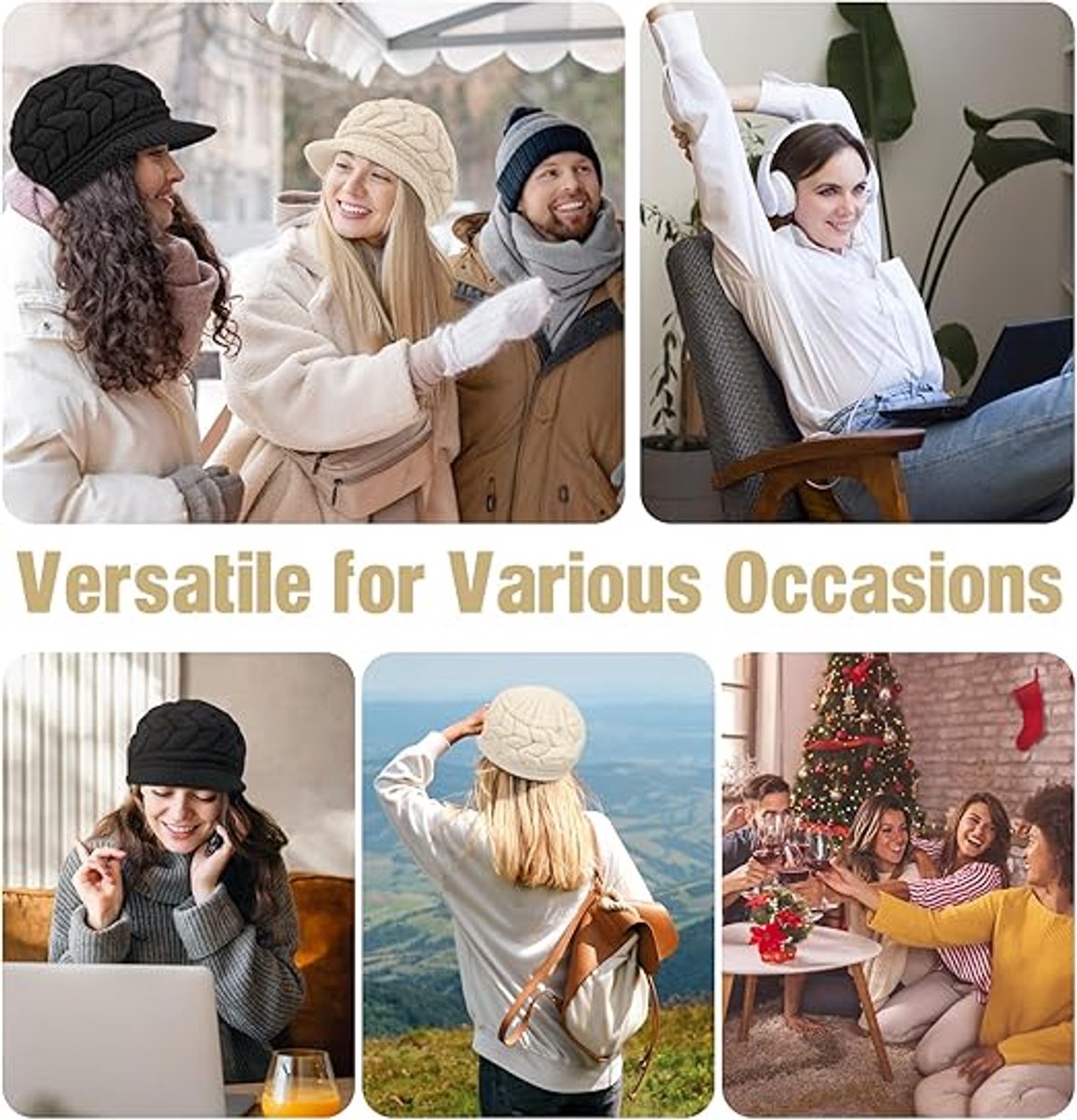 Ladies' Hat - Beanie Hat - Beret - Ladies' Beret - 2 Pieces - Knitted hat for ladies - Warm Winter Beret - Winter Hat - Warm Hats - Winter Hat with Brim - Winter - Fashion - Black/Beige