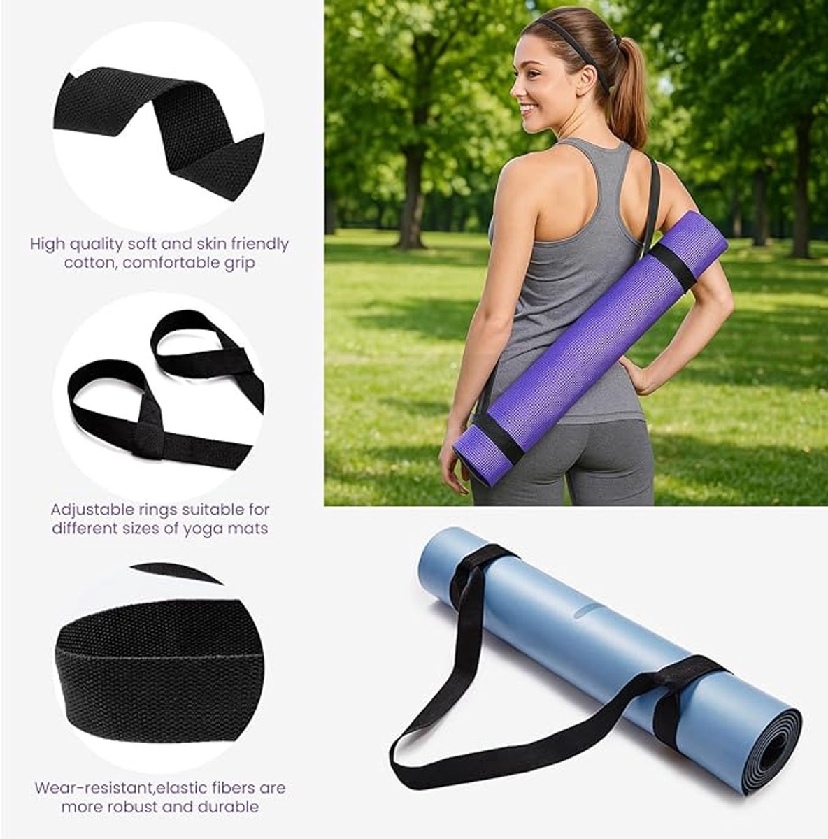 Yoga Mat Strap - Yoga Mat Carrying Strap - Straps - Adjustable Shoulder Straps - Yoga Mat Carrying Strap - Yoga Mat Storage Straps - For Storage and Organization - Black - 38 mm x 1.5 m - (mat not included)