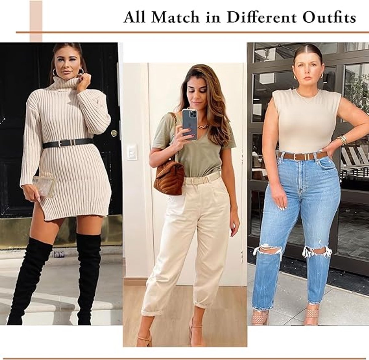 2-Piece Belt - Women's Belt - Stylish Retro - Trouser Belt - Women - Adjustable Unisex Belt - 110cm - Leather - Women's Belts for Jeans Dresses Trousers Women's Leather Waist Belt with Gold Buckle - 110 CM - Black/White