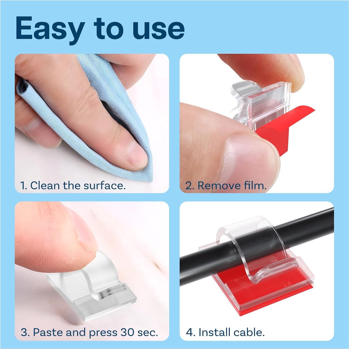 120 pieces - Cable clips - Cable holder - Cable clamp - Cord organizer - Outdoor lighting clips - transparent self-adhesive cable clips - for Christmas lights - with adhesive strips - patio decoration - for hanging wires and cable management - 14*14 mm