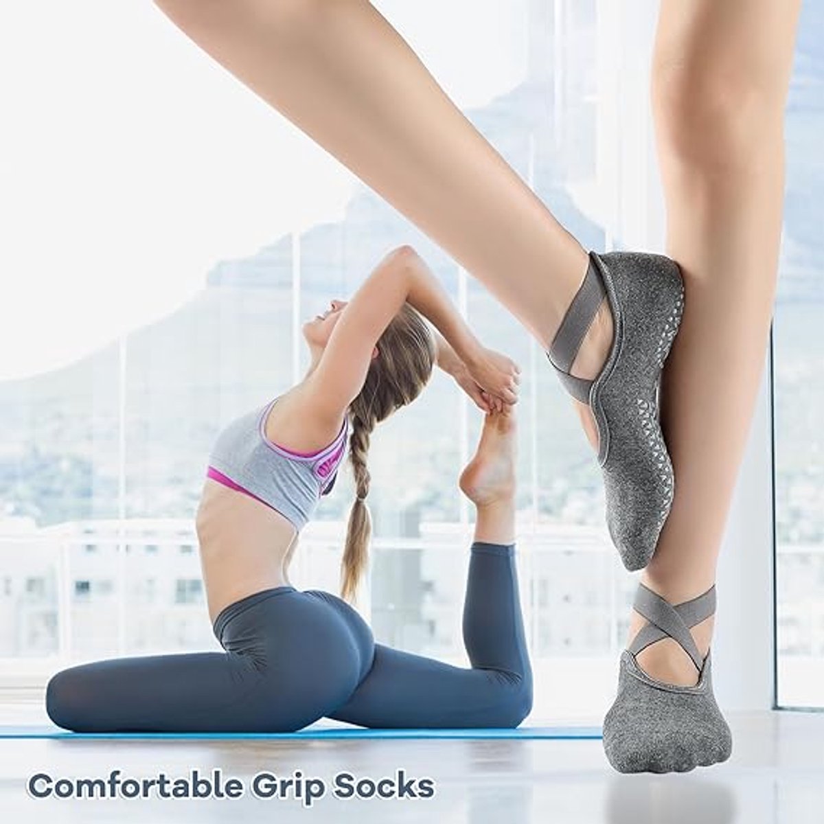 3 pairs of yoga socks - Pilates socks - non-slip socks - sports socks - ballet socks - for yoga pole Pilates dance - black, dark grey and pink