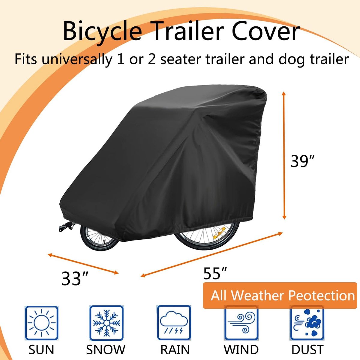 Bicycle Trailer Cover - Waterproof Bicycle Trailer Storage Cover - 420D Oxford Fabric - Waterproof cover for storing bicycle trailers - With PU coating - Child's Bicycle Trailer Cover - Anti-UV, windproof, dustproof, waterproof - 33*55*39 inches (84*140*9