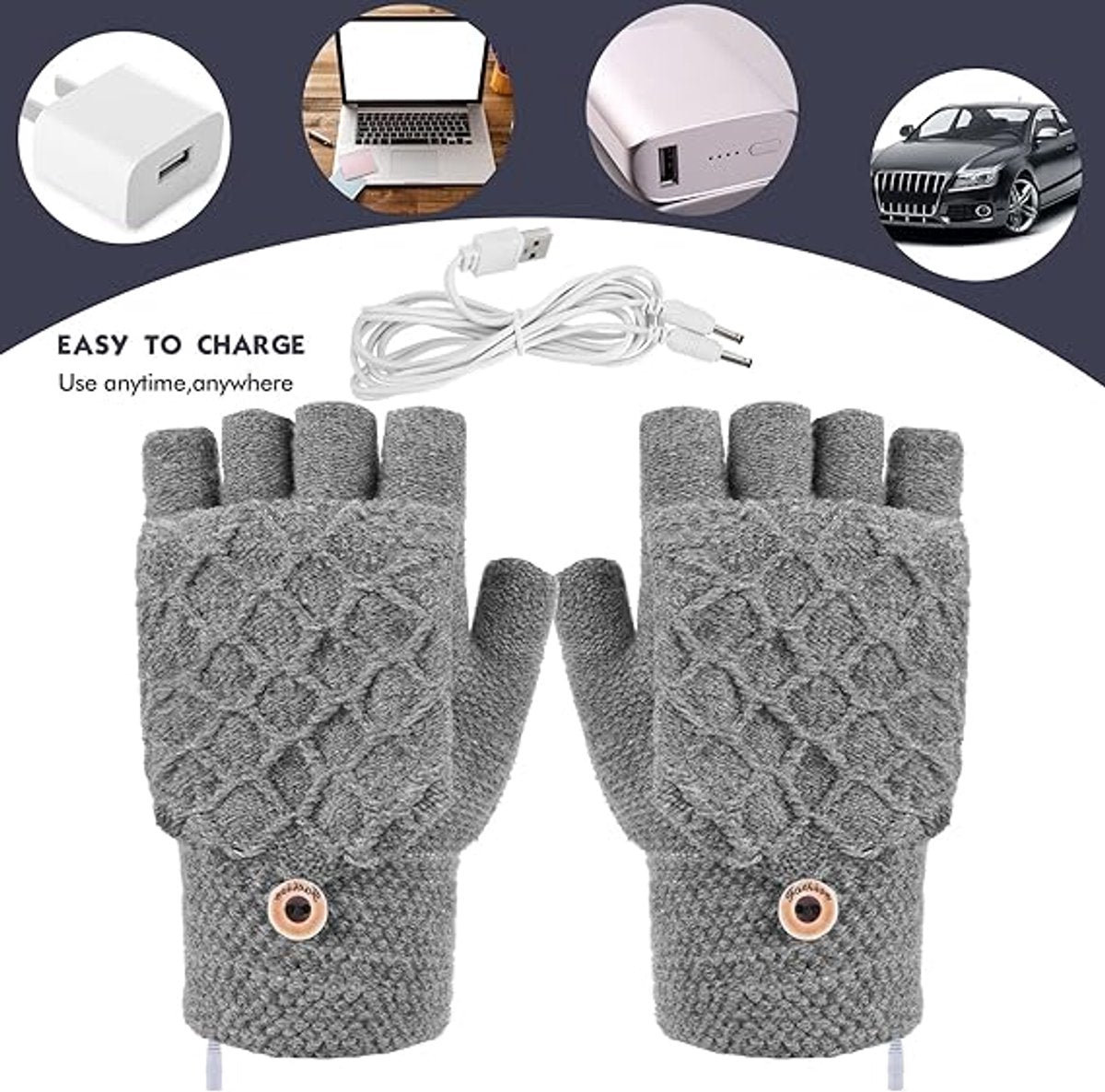 2 Pairs USB Heated Gloves - Heated Gloves - Electric Heating - Double-Sided Heating - Knitted Heated Gloves - Warm Winter Gloves - Gloves with Heating - Gloves - Winter - Unisex - Grey/Black