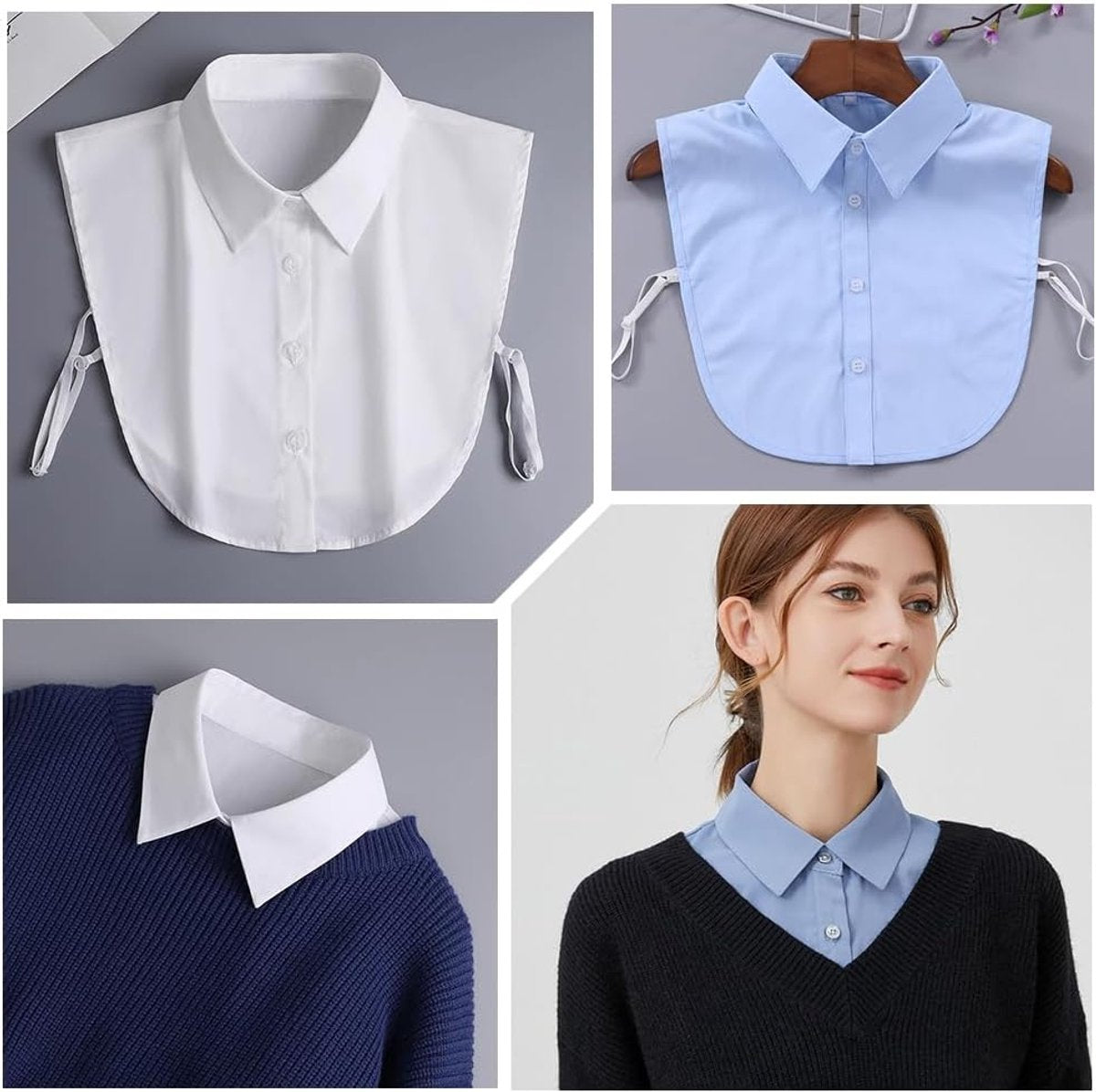 2 pieces - Women's Shirt Collar - Shirt Collar - Detachable Collar - Small Shirt Collar - Faux Detachable Collar - Detachable Pointed Collar - Small Collar - Pointed Collar - Shirt Replacement - Blouse - Adjustable - One Size - White, Blue