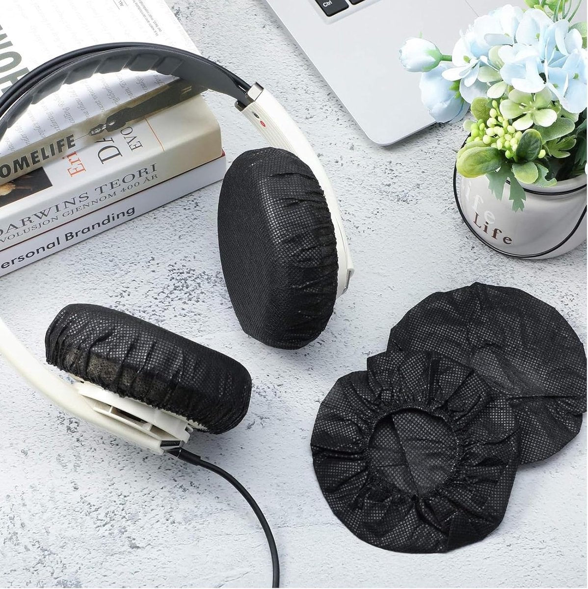 Elastic Headphone Hygiene Cases - 100 pieces - non-woven fabric headphone covers - replacement headphone hygiene cases - elastic stretch - universal - cover case 11cm - for home, sports and office - Black