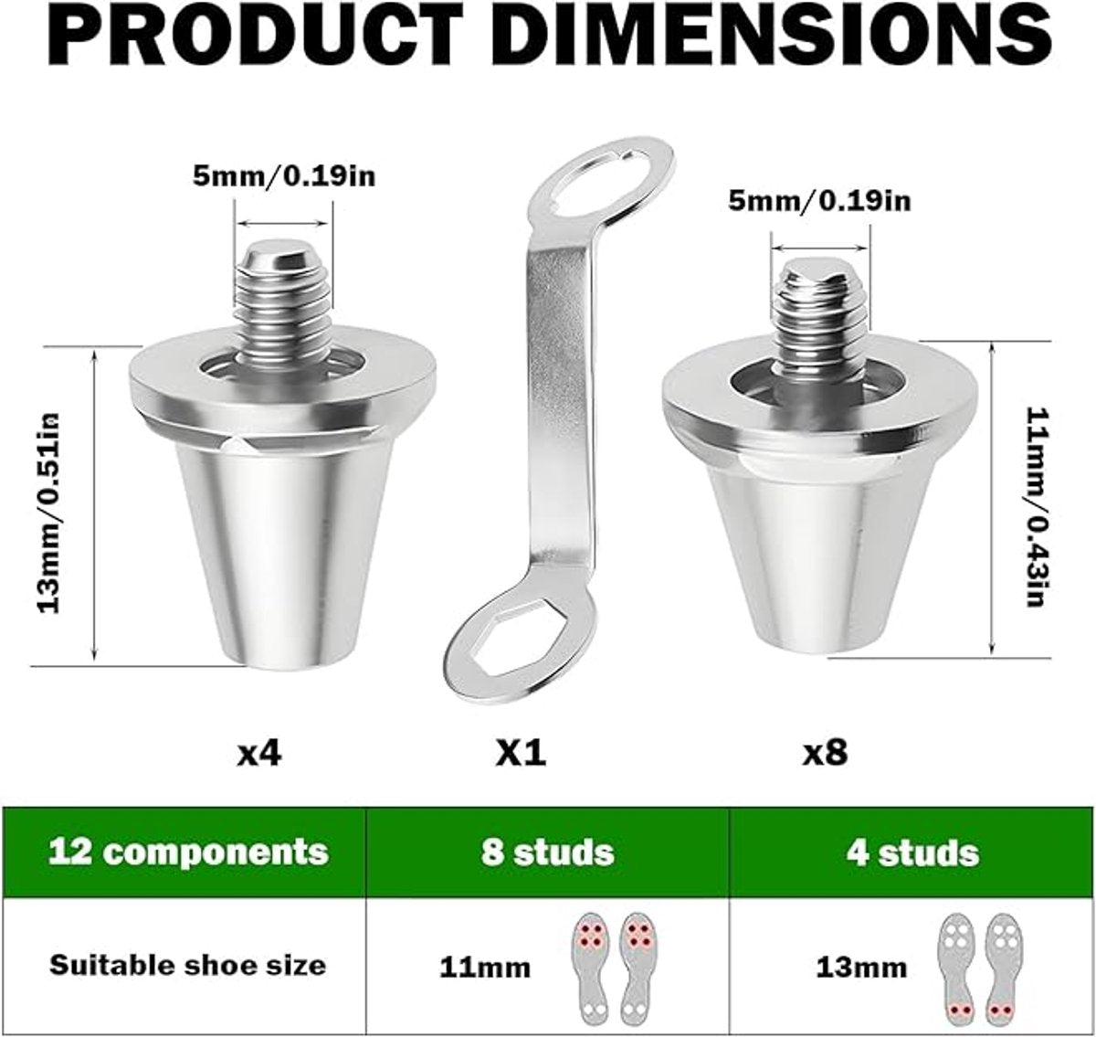 12 pieces - football studs - replacement metal football studs - 8 11mm and 4 13mm football studs - with tools - replacement football studs for football boots - football boot accessories - silver