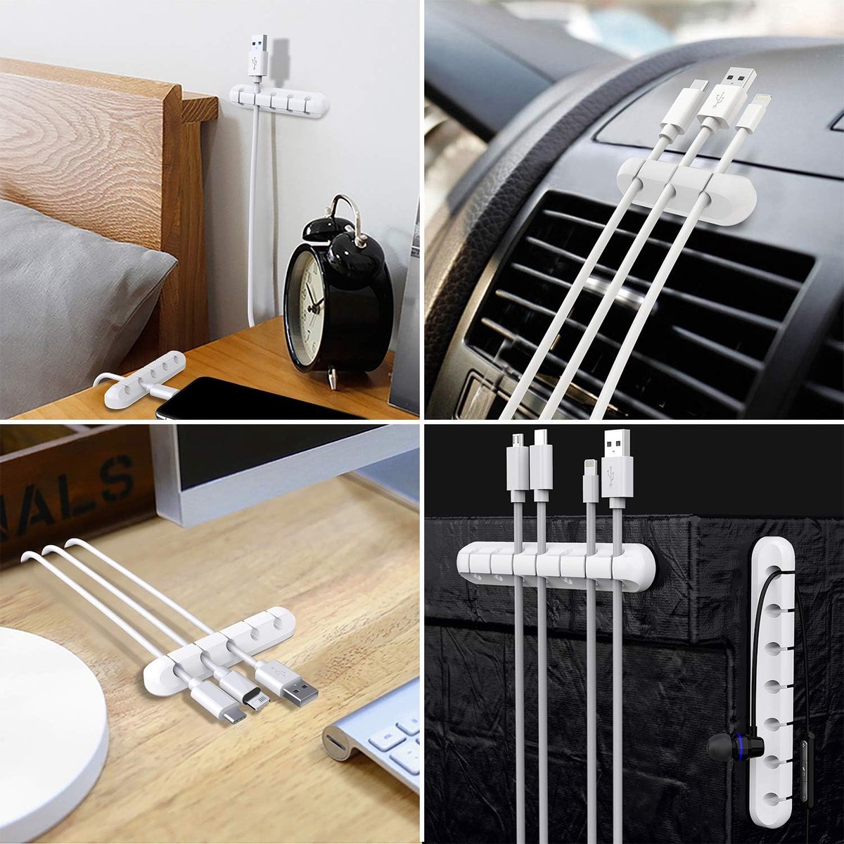 3 pieces - Cable holder - Cable clamp holder - cable management system - cable organizer - cable clip - desk organizer - cable tray - for cables, power cords, USB charging cables, chargers, audio cables - 3, 5, 7-hole - white