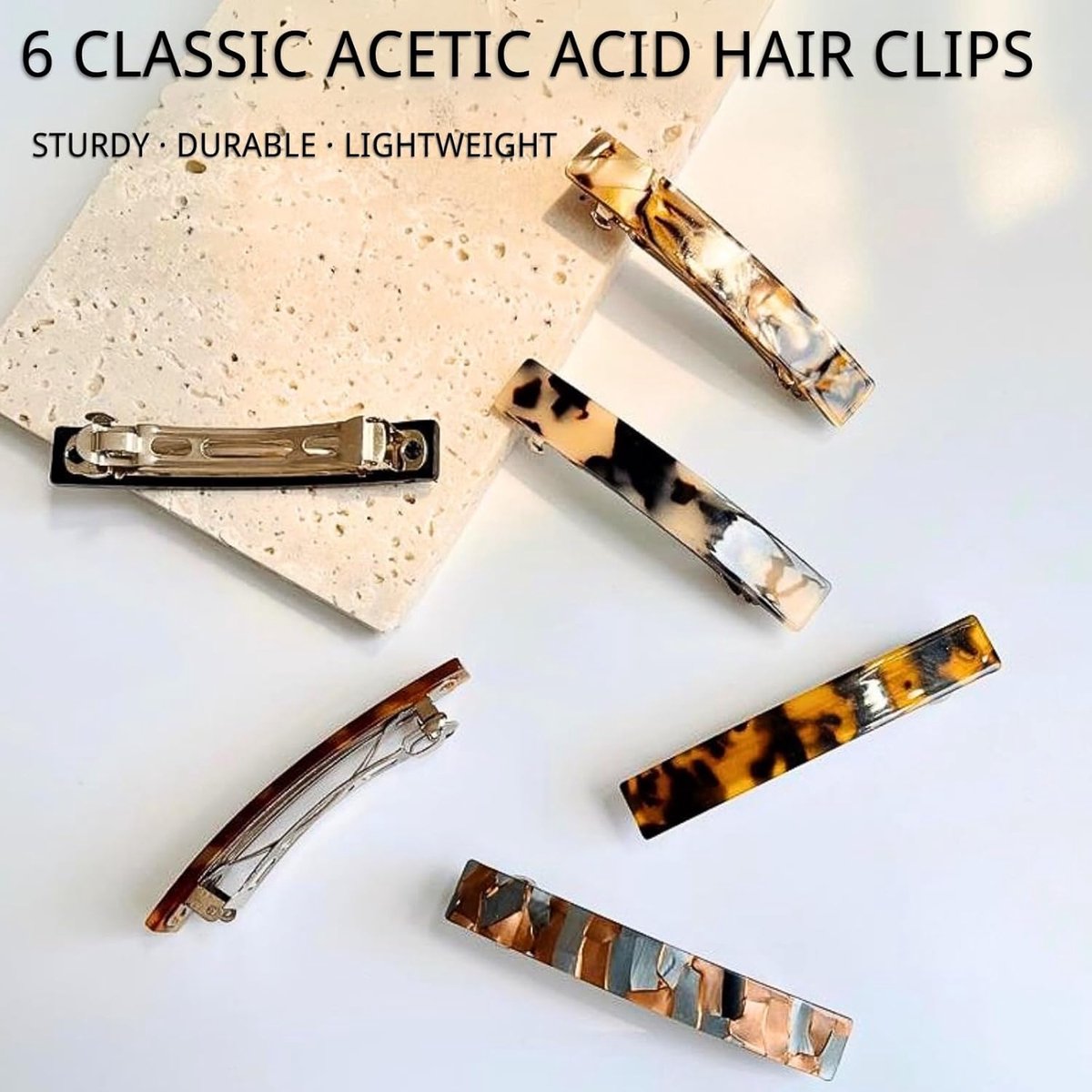 6pcs French Hair Clips - 3 Inch Hair Pin - Tortoiseshell Acetate - Delicate Hair Accessories - Colorful Hair Slides for Girls and Women