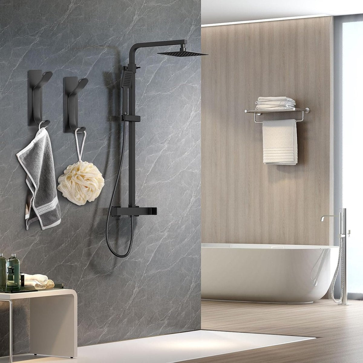 Pieces Wall-Mounted Coat Rack - No Drilling Required - Black Solid Wall Hook - Self-Adhesive Coat Hooks - Stainless Steel Towel Hanger for the Bathroom - Hanging Hooks - Double Hook Design Coat Rack - Wall / Coat Rack Hooks - Black