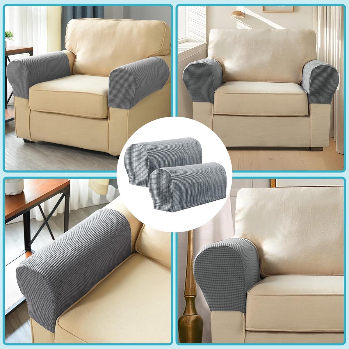 4 Pieces - Armrest Protection Covers - Protective Cover - Elastic Sofa Cover - Sofa Armrest Cover - Gloves for Sofa Armrests - Anti-Slip - Anti-Scratch - for Reclining Square, Curved, Tilted Armrest Cover - Grey