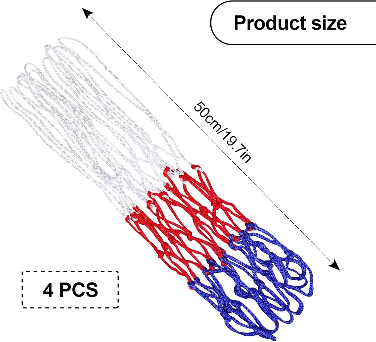 4 pieces - Basketball net - heavy-duty basketball nets - basketball net replacement set - portable basketball net - suitable for school sports fields, indoor and outdoor basketball - 50 cm - white, red and blue