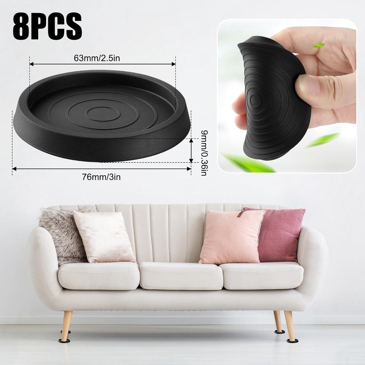 8 pieces - Furniture mats - 76*76*9 mm - 6.3 cm round furniture mat - anti-slip furniture protectors - rubber furniture protectors - for hardwood floors - floor protectors - for beds, cabinets, sofas, chairs and tables - black