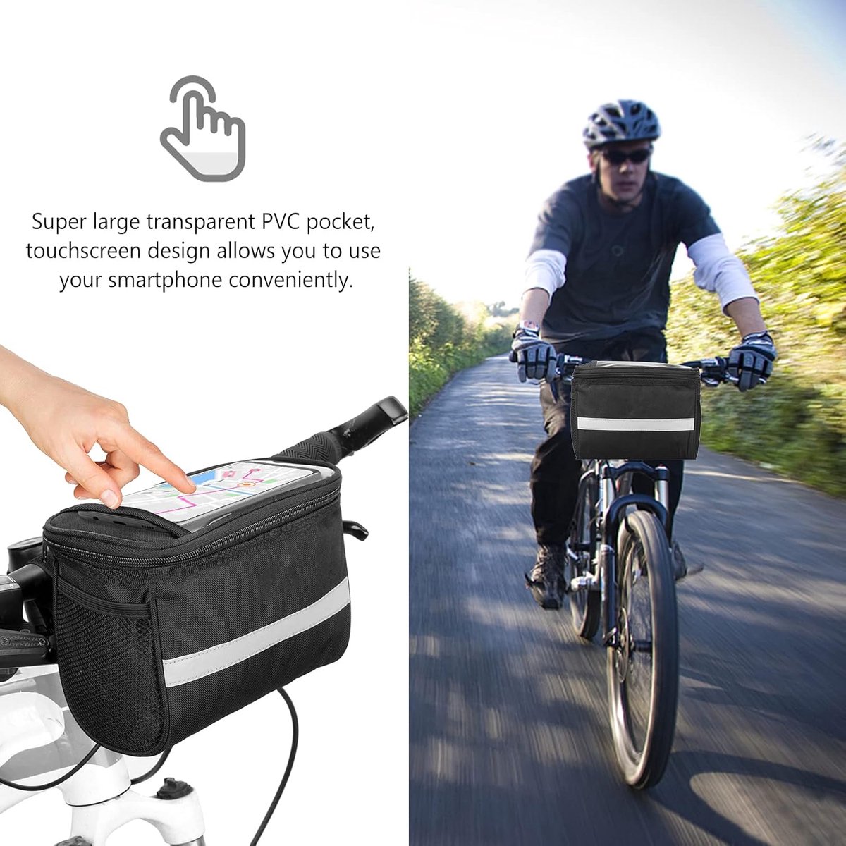 Bicycle Handlebar Bag - Waterproof Handlebar Bag - Detachable Bicycle Handlebar Bag - Bicycle Travel Accessories - Phone Bike Bag - Luggage Organizer - with transparent holder for mobile phones - Bicycle Bags for Electric Bikes - Black