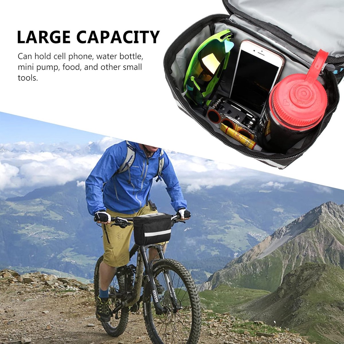 Bicycle Handlebar Bag - Waterproof Handlebar Bag - Detachable Bicycle Handlebar Bag - Bicycle Travel Accessories - Phone Bike Bag - Luggage Organizer - with transparent holder for mobile phones - Bicycle Bags for Electric Bikes - Black