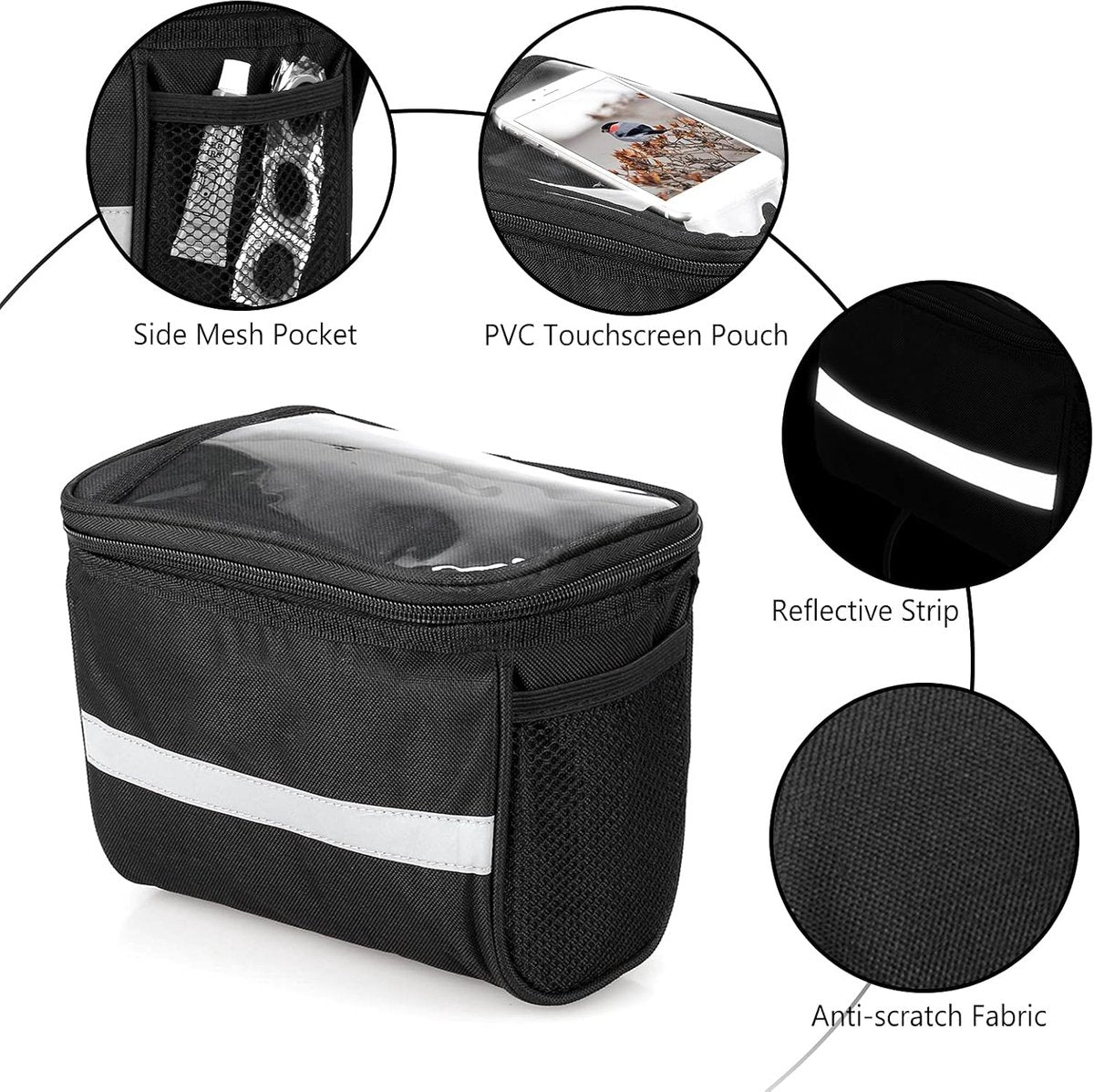 Bicycle Handlebar Bag - Waterproof Handlebar Bag - Detachable Bicycle Handlebar Bag - Bicycle Travel Accessories - Phone Bike Bag - Luggage Organizer - with transparent holder for mobile phones - Bicycle Bags for Electric Bikes - Black