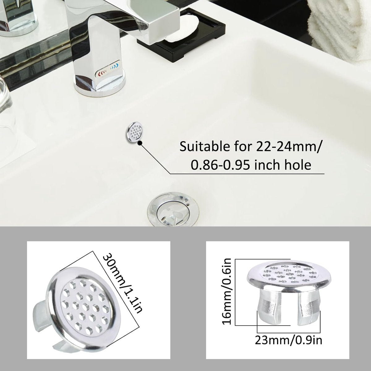 Washbasin Overflow Ring - 6 Pieces - Overflow Rings - Bathroom Overflow Ring - Sink Overflow - Drain Plug - Overflow Cover for Washbasin - Sink Overflow Ring - Round Hole Cover - Overflow Cover - For Sink, Washbasin and Kitchen
