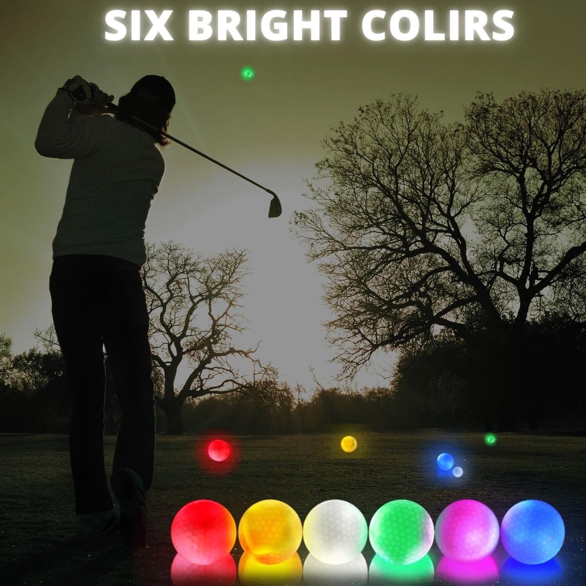 golf balls - 6 Pieces - Glow in the Dark golf balls - LED illuminated golf balls - multicolour