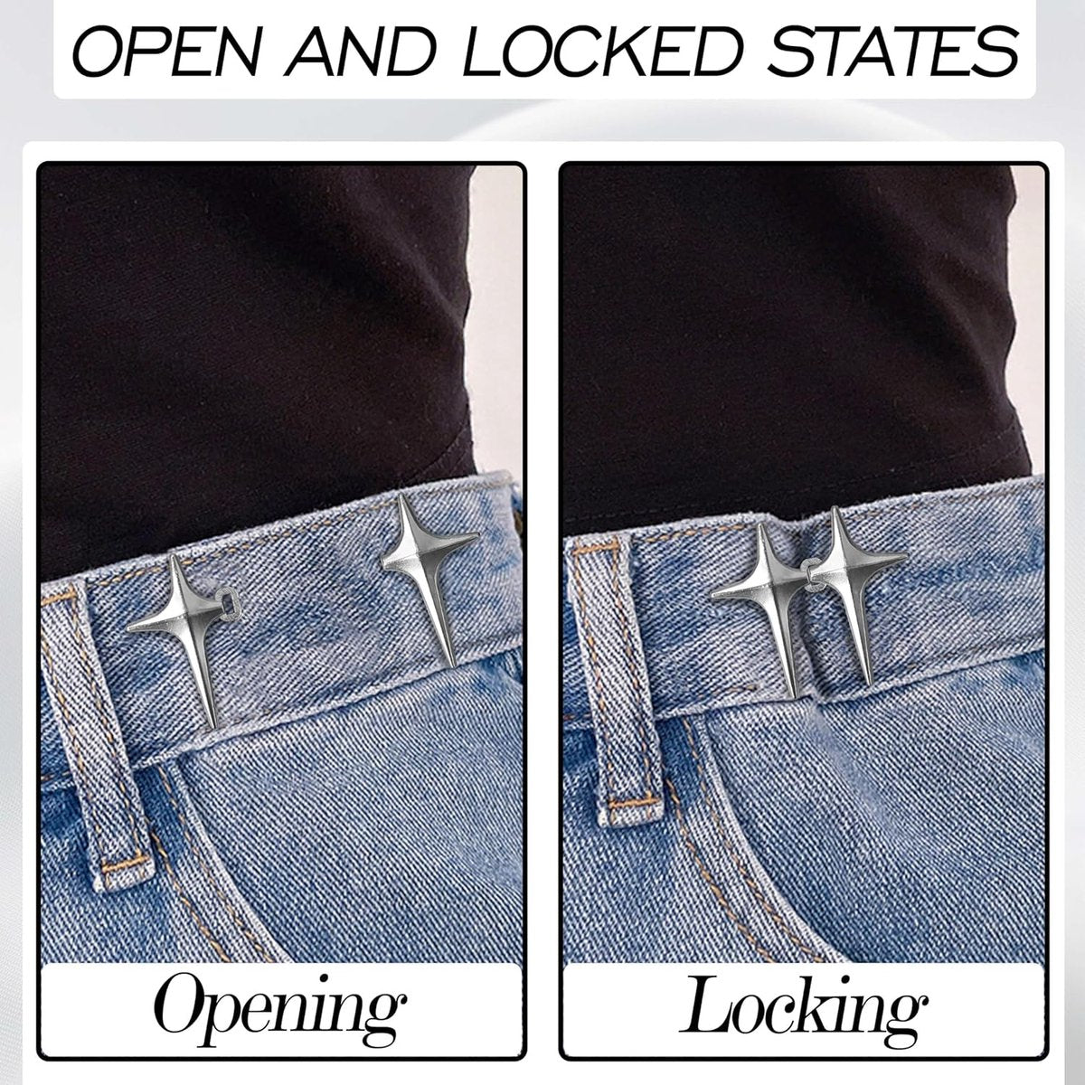 4 pieces - Waist Extender - Tightening Button Adjuster Buttons - Adjustable star button trouser waist tighter - Star trouser waist buckle - Adjustable waistband clips - Trouser waist reinforcement - For loose jeans, trousers, skirts and sleeves