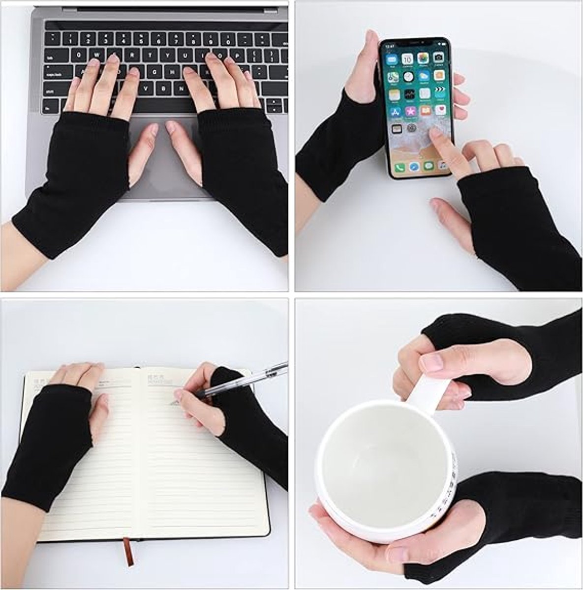 2 pairs - Gloves - Fingerless half-finger gloves - Warm fingerless gloves - Warm gloves - Half-finger gloves - Knitted gloves - with thumbhole - Winter gloves - for office work, typing, telephoning - black