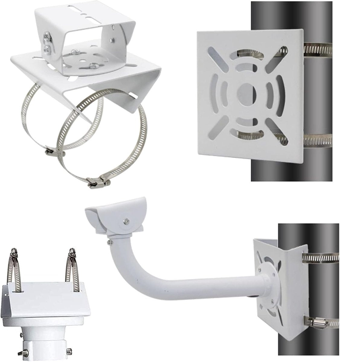 Security camera bracket - Camera bracket - Security bracket - with 2 rings - universal metal bracket - Vertical pole adapter - For security cameras - Sturdy metal bracket - Flat pole bracket - sturdy and durable - White