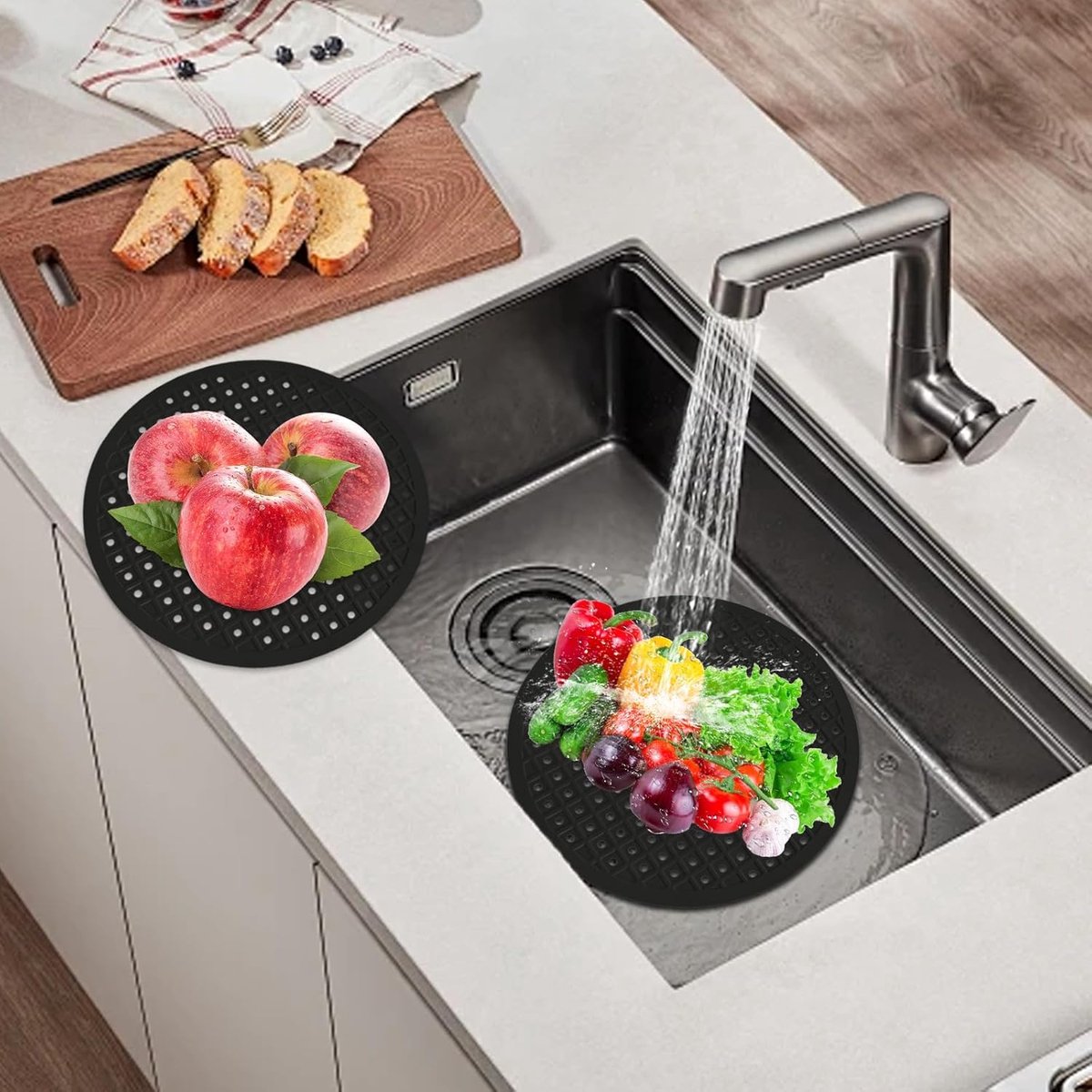 1 Piece Silicone Sink Mat - Washbasin Mat - Sink Mat - Sink Mats - Rubber Countertop Mat for Sink - Cuttable - Foldable - Non-slip - Round sink mat - Protective mat - For countertop - Round Black - ø 31 Cm