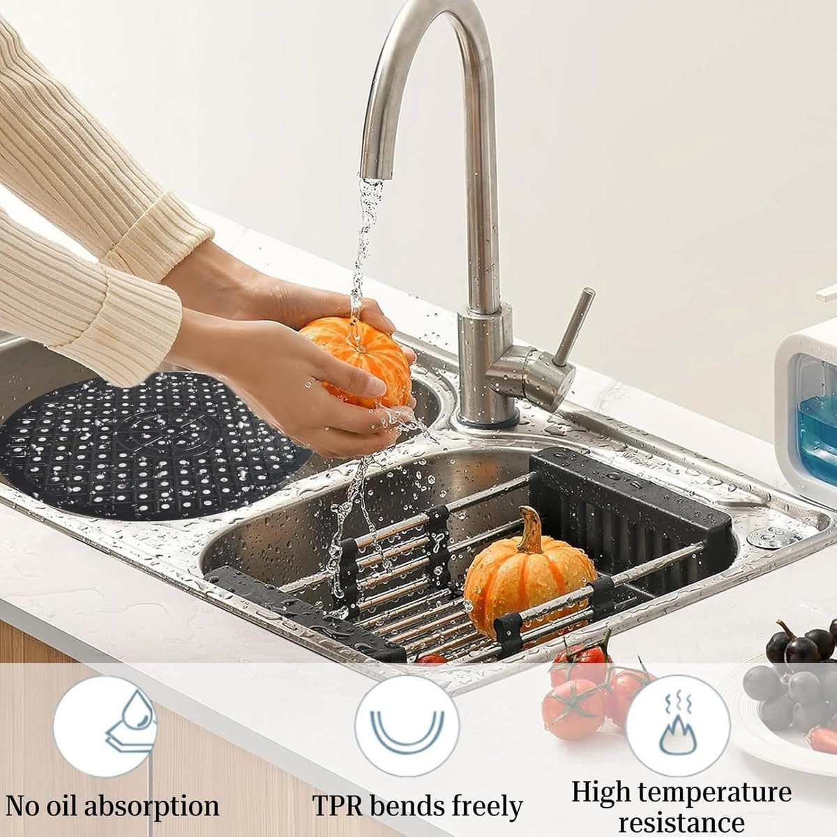 1 Piece Silicone Sink Mat - Washbasin Mat - Sink Mat - Sink Mats - Rubber Countertop Mat for Sink - Cuttable - Foldable - Non-slip - Round sink mat - Protective mat - For countertop - Round Black - ø 31 Cm