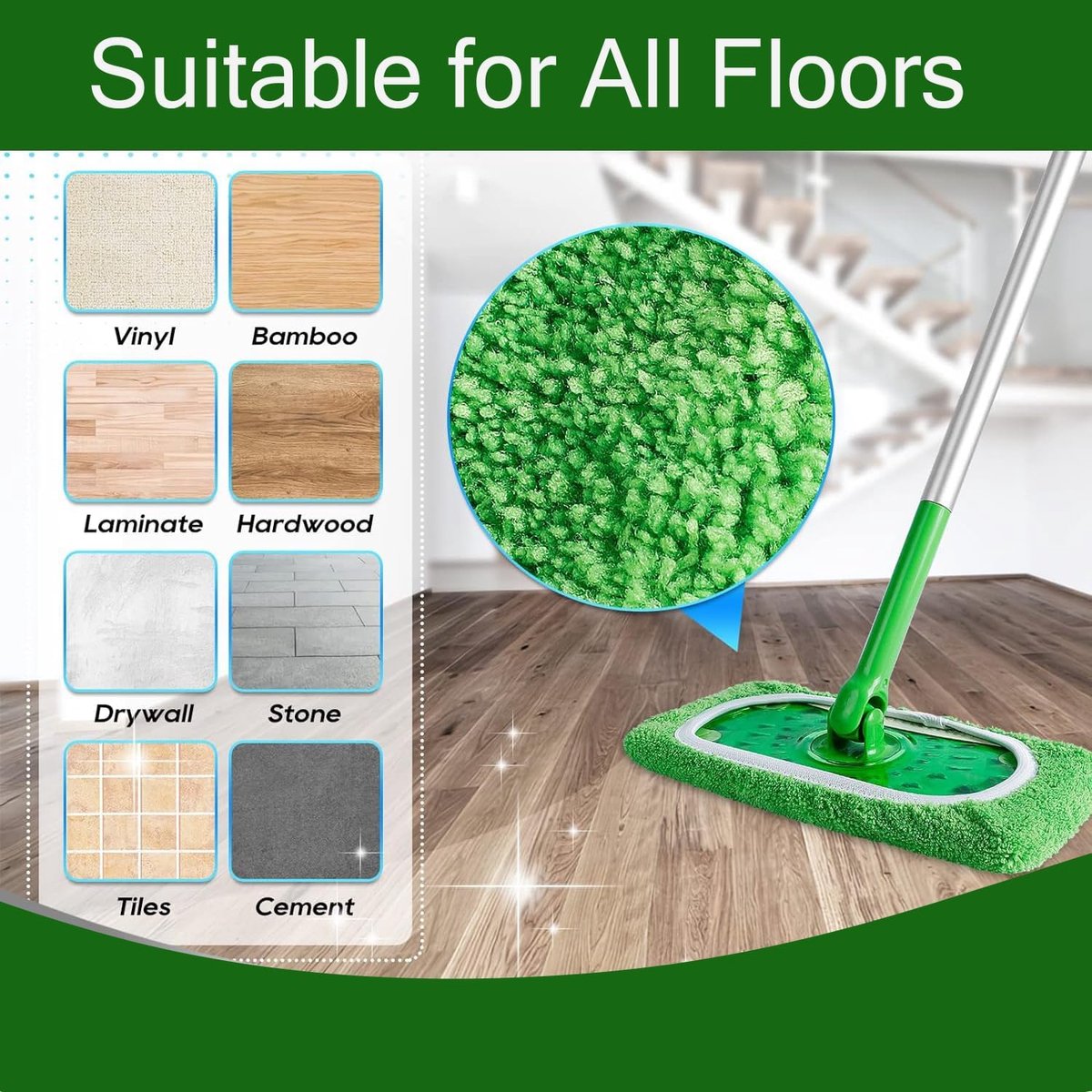 4 Pack Reusable Microfiber Mop Pads - Suitable for Efficient Sweeping Cleaning - Suitable for Swiffer Sweeper - Wet & Dry Cleaning Cloths - Mop Head Replacement - Washable Refills - for Household Floors - 25 x 11.5 cm