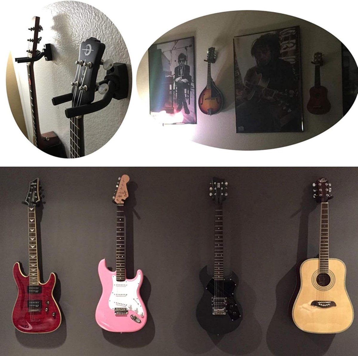 Guitar Wall Mount - 6 Pieces - Guitar Wall Holder - Guitar Stand - Guitar Hanger - Wall Bracket - Black Guitar Stand with Screws - Hook - Easy to Install - Adjustable - Suitable for All Sizes of Guitars, Bass, Mandolin, Banjo, Ukulele