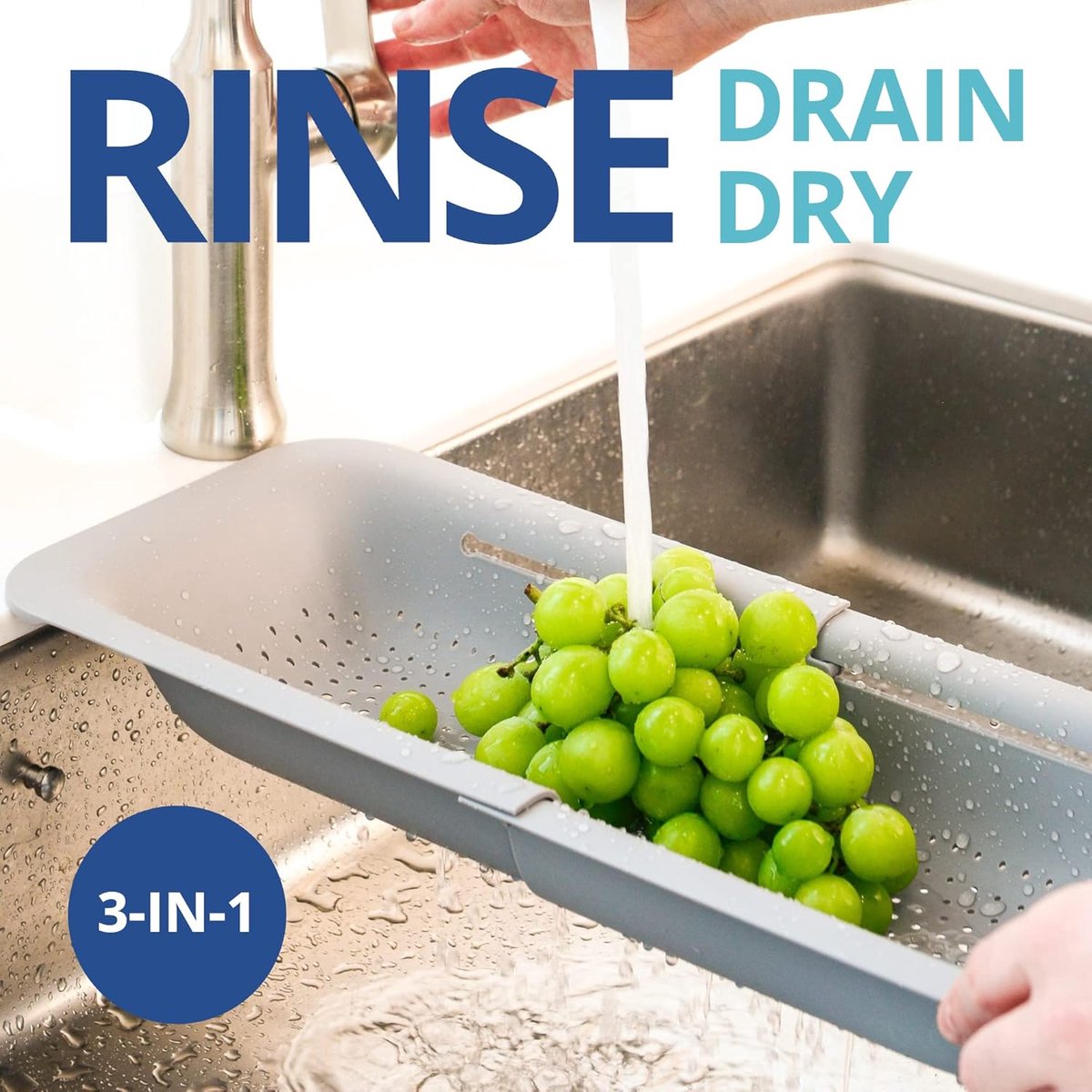 Sink drain basket - Strainer - Washing vegetables and fruit - Draining cooked pasta and drying dishes - Extendable and telescopic - New kitchen accessories for the home - Grey