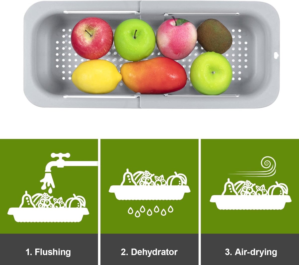 Sink drain basket - Strainer - Washing vegetables and fruit - Draining cooked pasta and drying dishes - Extendable and telescopic - New kitchen accessories for the home - Grey