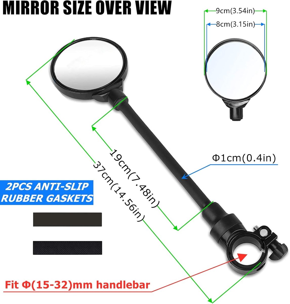 Bicycle Mirror E-bike Rearview Mirror - handlebar lens bicycle mirror - Bicycle mirror right - round mirror - safe rearview mirror for bicycle - scratch-resistant glass lens - adjustable and rotatable safe rearview mirror - 360º Rotatable