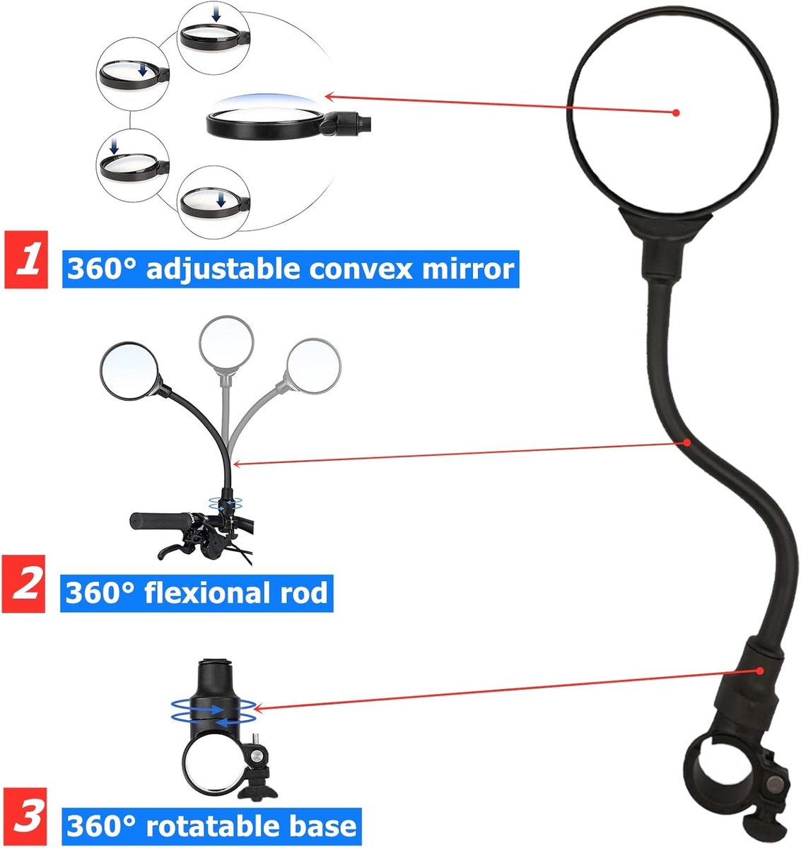 Bicycle Mirror E-bike Rearview Mirror - handlebar lens bicycle mirror - Bicycle mirror right - round mirror - safe rearview mirror for bicycle - scratch-resistant glass lens - adjustable and rotatable safe rearview mirror - 360º Rotatable