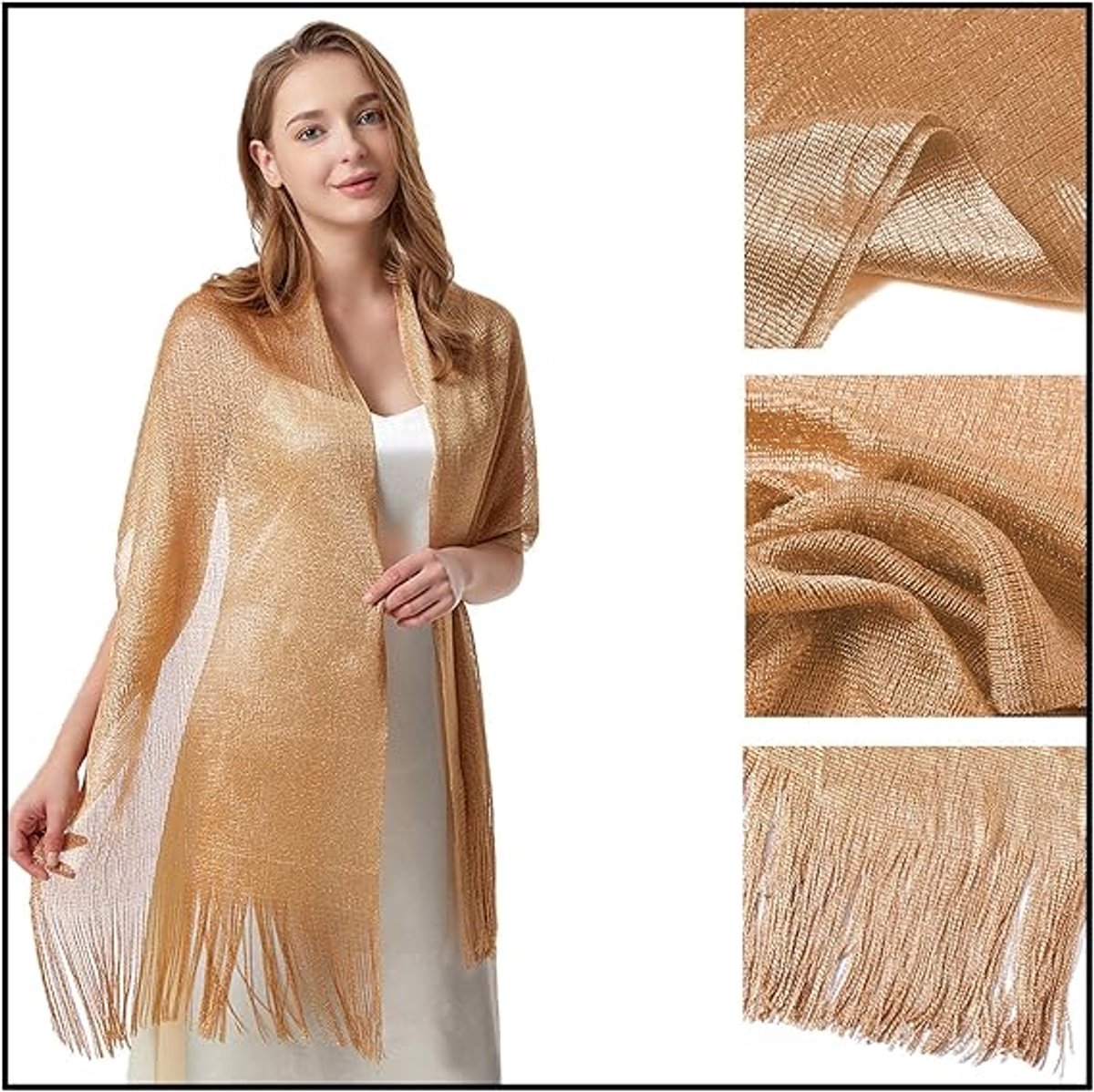 1 Shiny gold ladies' scarf - Ladies' scarf with tassels - Bridal scarf - Bridal scarf - Scarf - Tassel - For wedding ceremony, dinner and bridesmaids - Gold - 175 x 45 cm